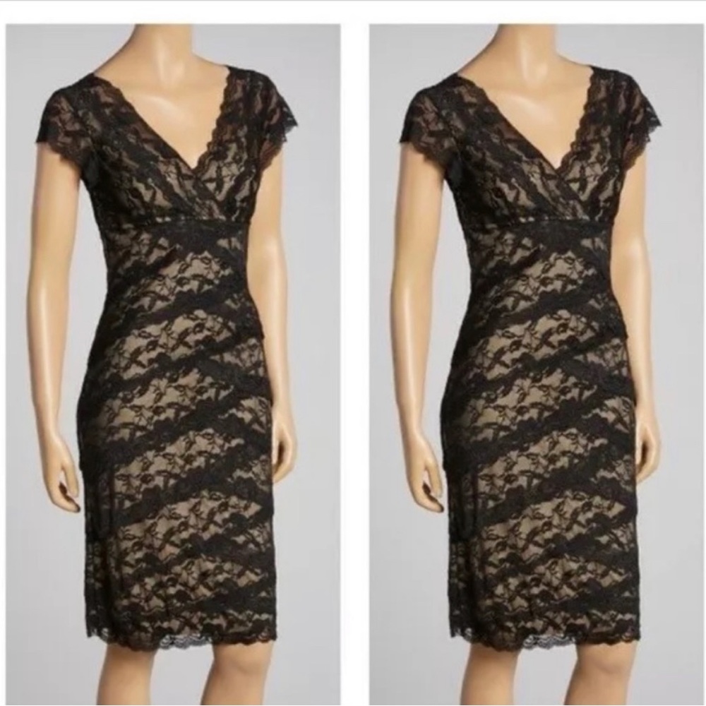 MARINA Lace Black and Nude Tiered Beaded Dress NWT